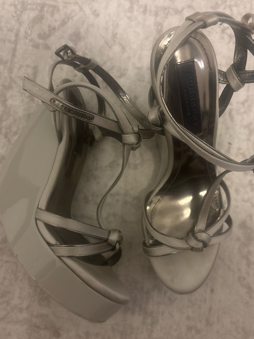 Burberry Metallic Silver Platform Strappy Sandals